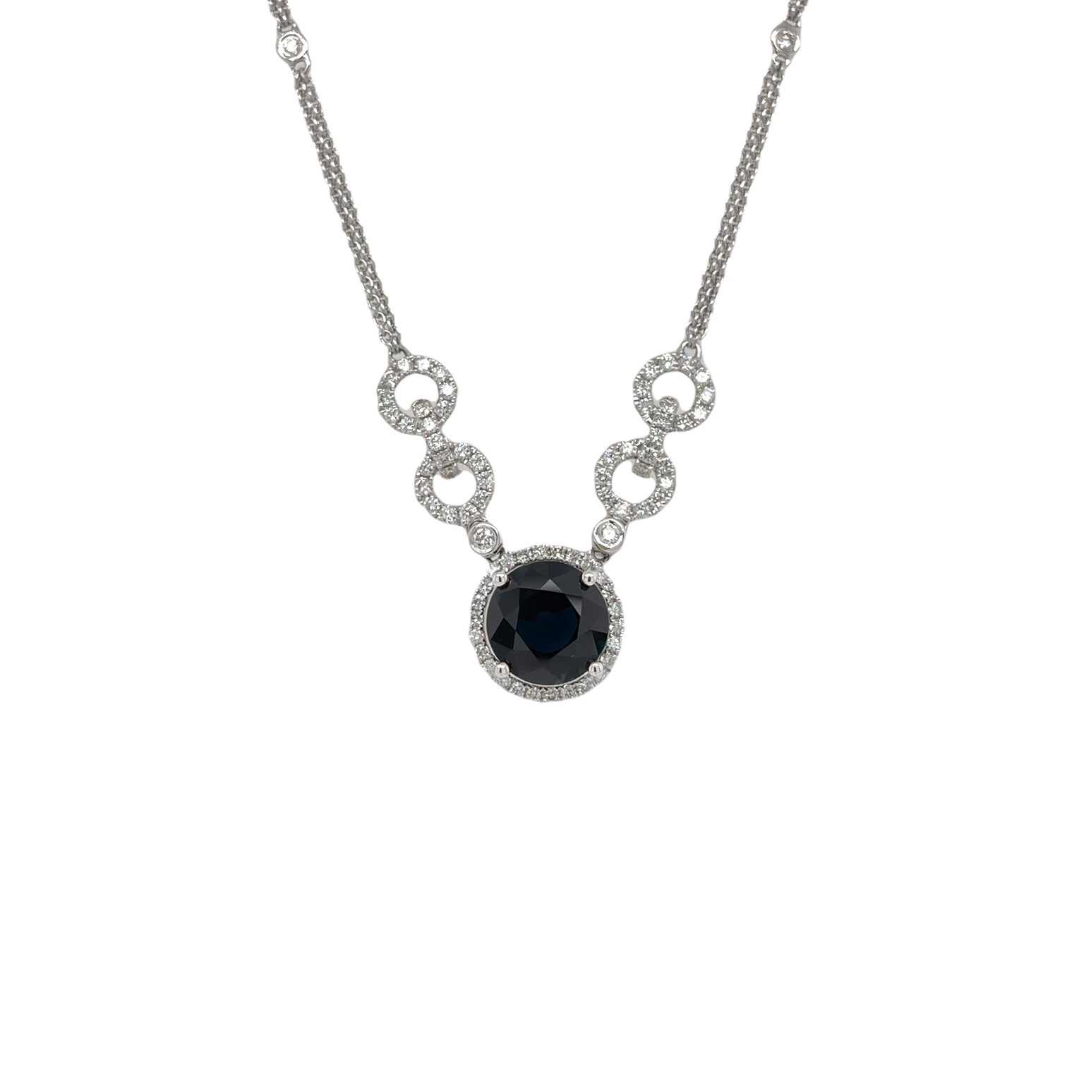 Dark Blue Sapphire & Diamond Necklace in White Gold