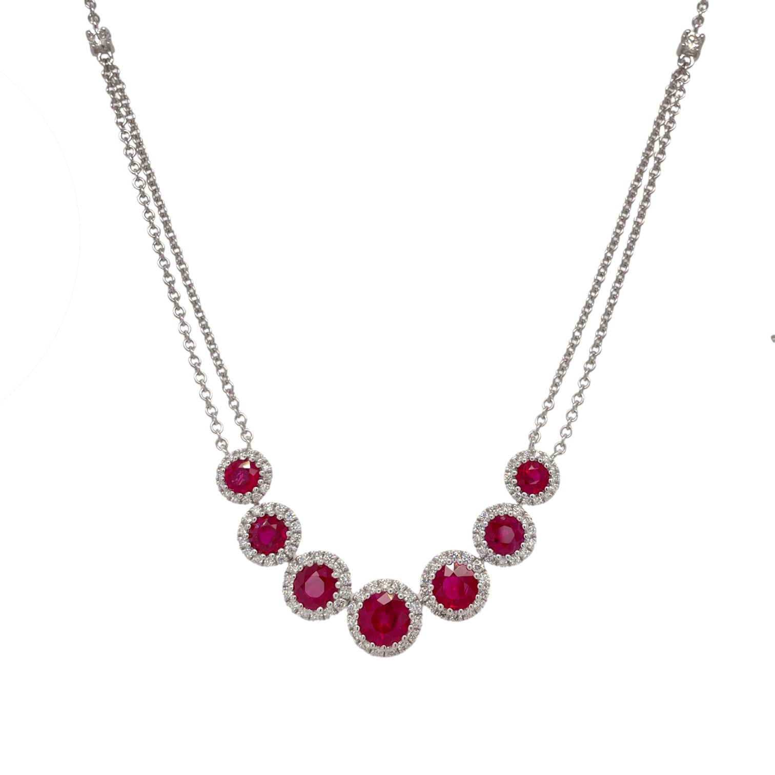 Round Ruby & Diamond Halo Chain Necklace in White Gold