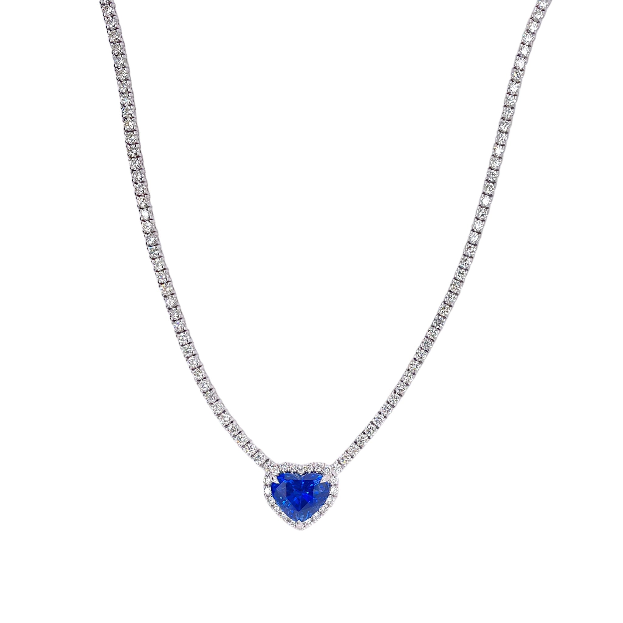 Heart Sapphire & Diamond Necklace in White Gold