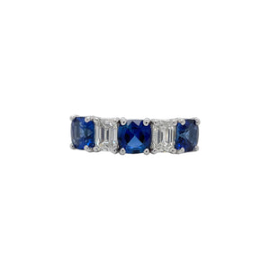 Five Stone Cushion Sapphire & Emerald Diamond Ring