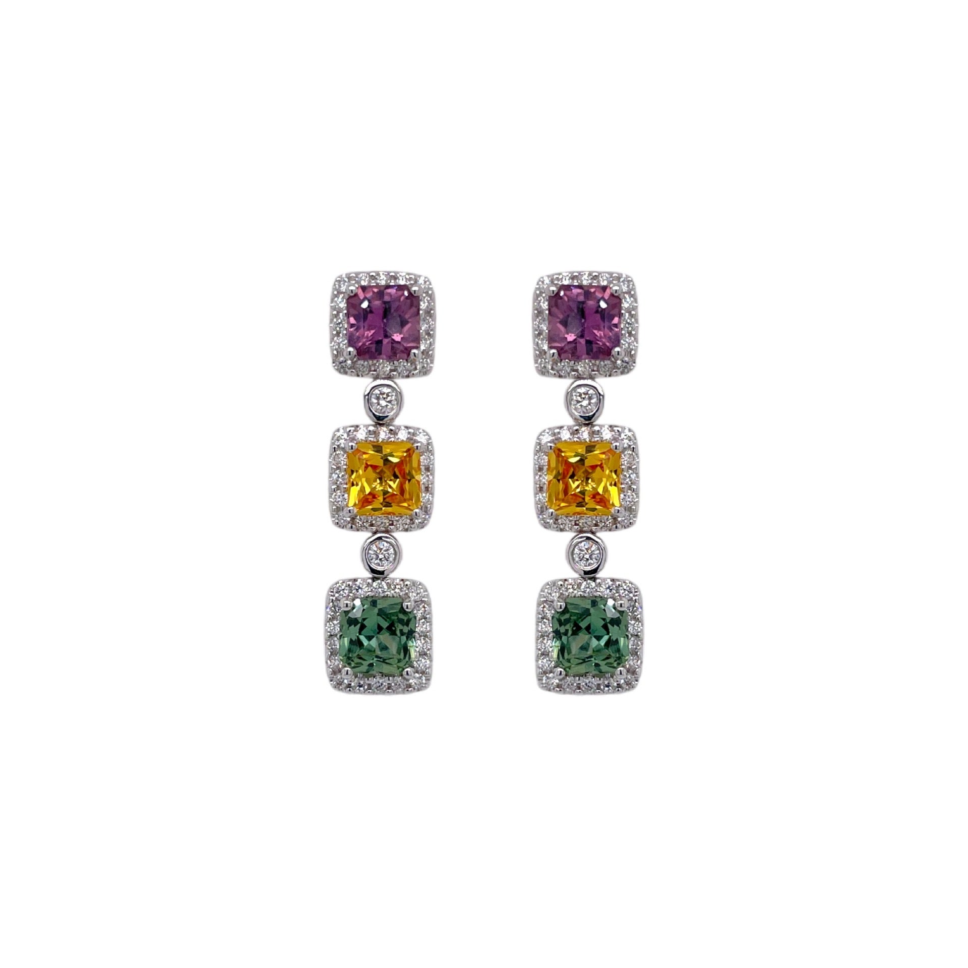 Square Multi Color Sappphire & Diamond Drop Earring