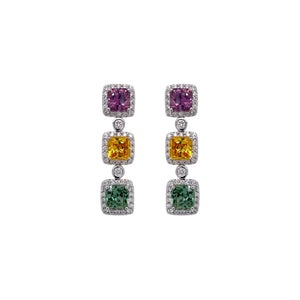 Square Multi Color Sappphire & Diamond Drop Earring