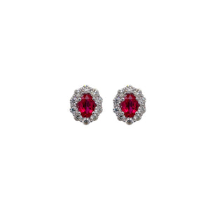 Oval Ruby & Diamond Halo Earring in White Gold
