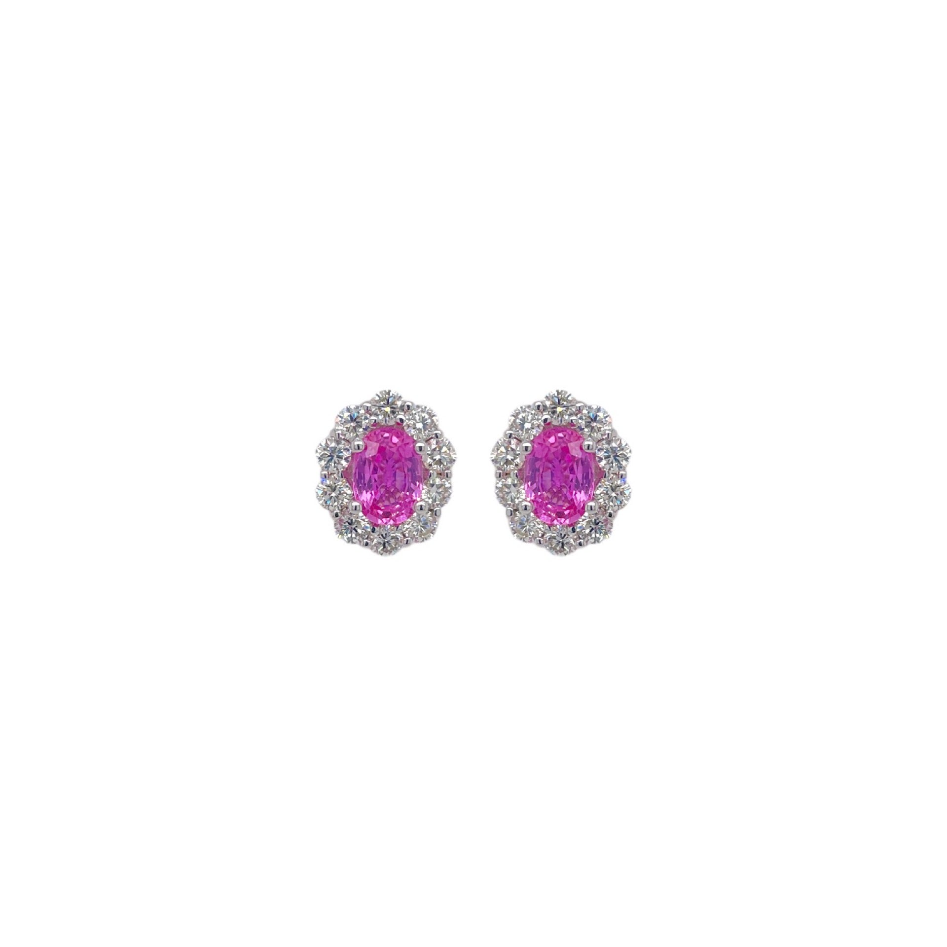 Oval Pink Sapphire & Diamond Halo Earring in White Gold