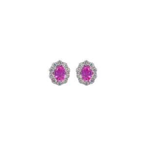 Oval Pink Sapphire & Diamond Halo Earring in White Gold