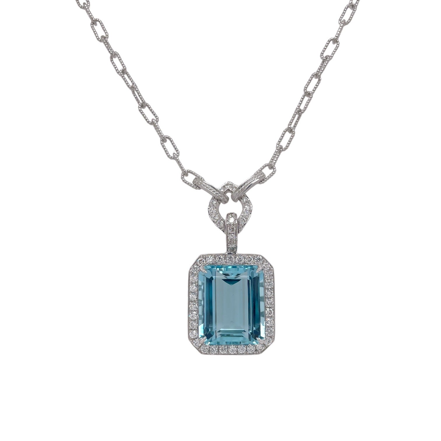 Emerald Cut Aquamarine & Diamond Necklace