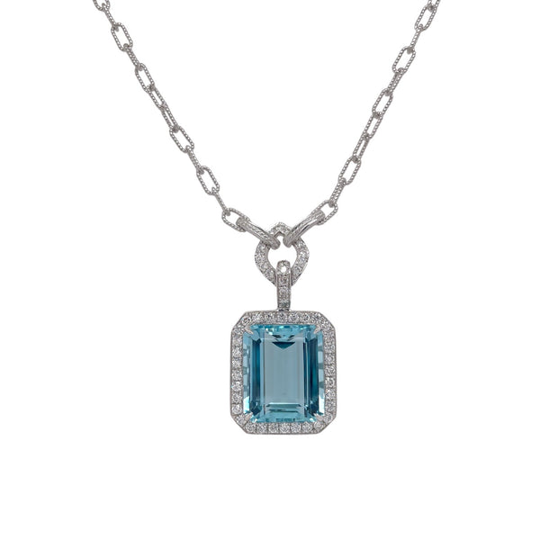 Oval Cut Aquamarine & Diamond Necklace 14K White Gold