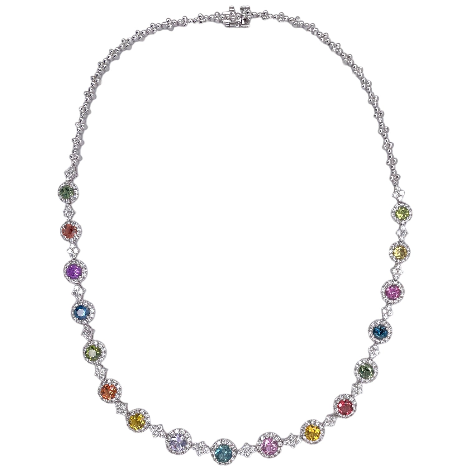 Round Multi-Color Sapphire & Diamond Necklace in White Gold