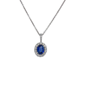 Oval Sapphire & Diamond Halo Pendant in White Gold