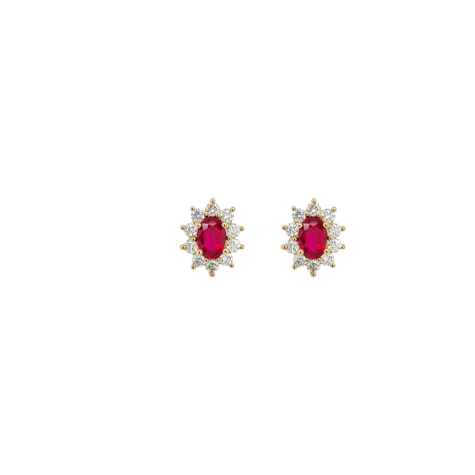 Oval Ruby & Diamond Halo Earring in Yellow Gold