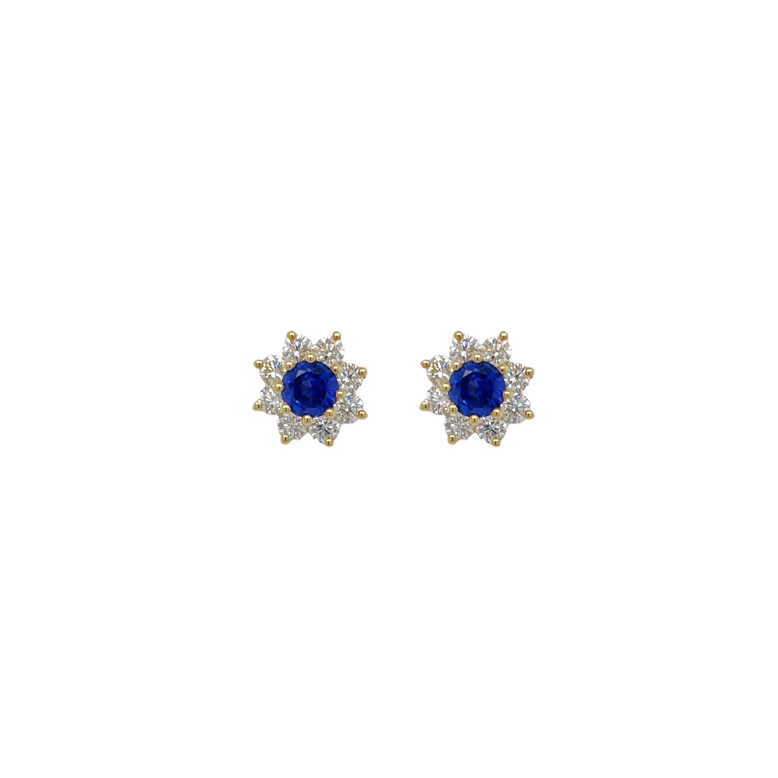 Round Sapphire & Diamond Halo Studs in Yellow Gold