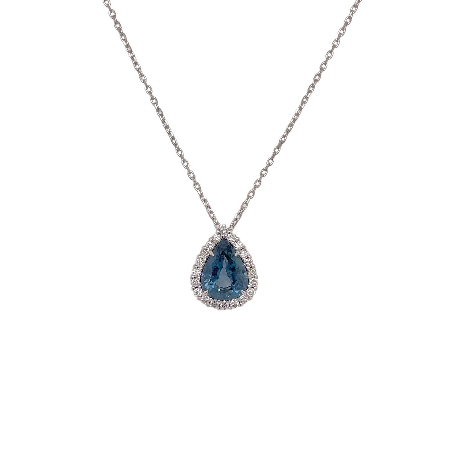 Teal Pear Shape Sapphire & Diamond Halo Pendant