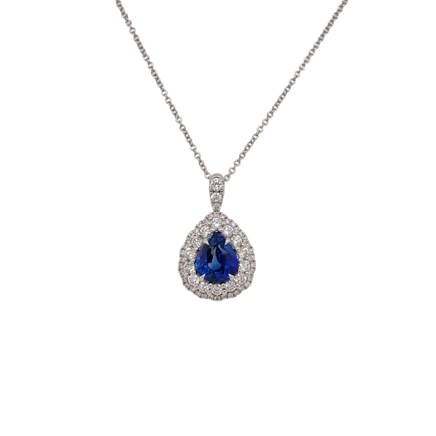 Pear Shape Sapphire & Double Halo Diamond Pendant