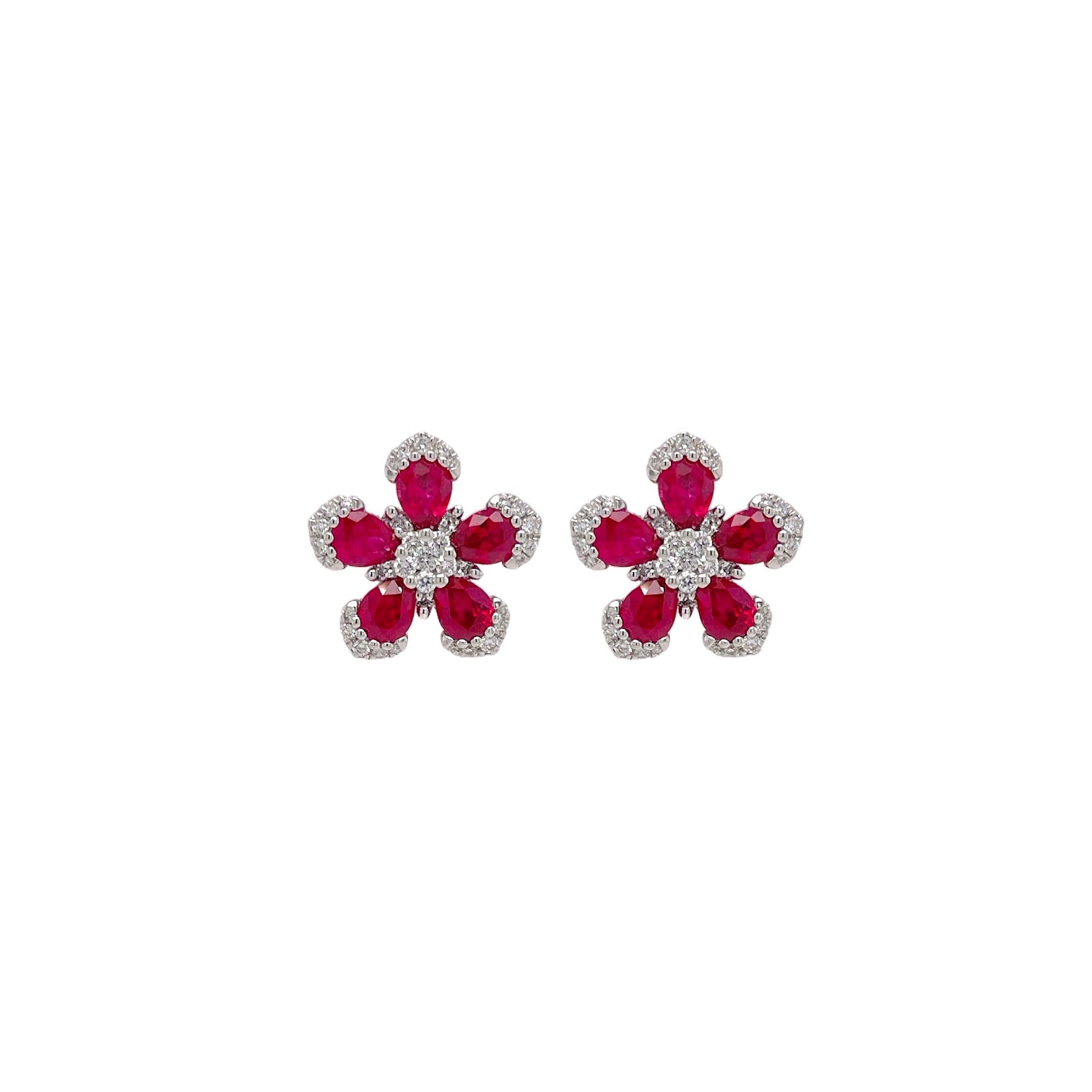 Ruby & Diamond Flower Stud Earring in White Gold