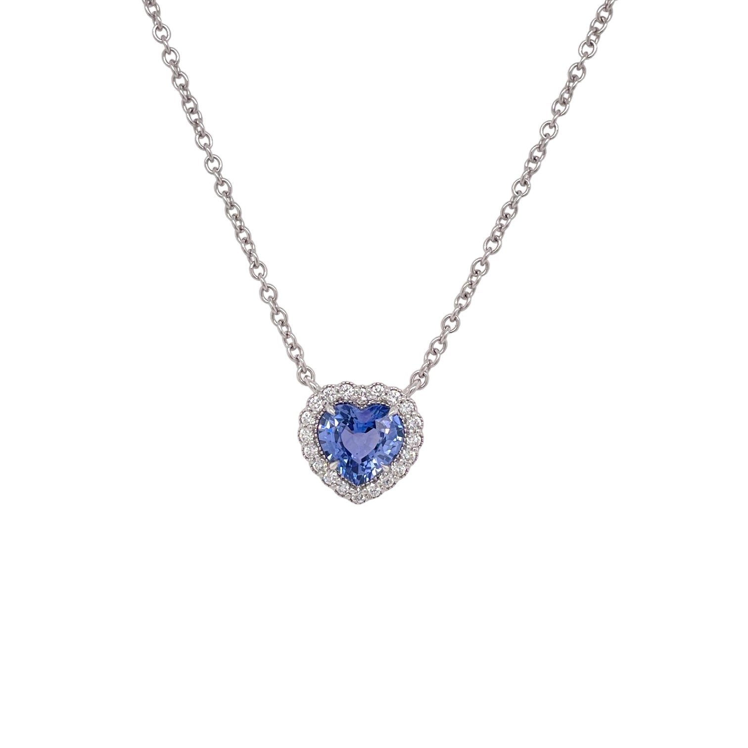 Classic Heart Shape Sapphire and Diamond Halo Pendant