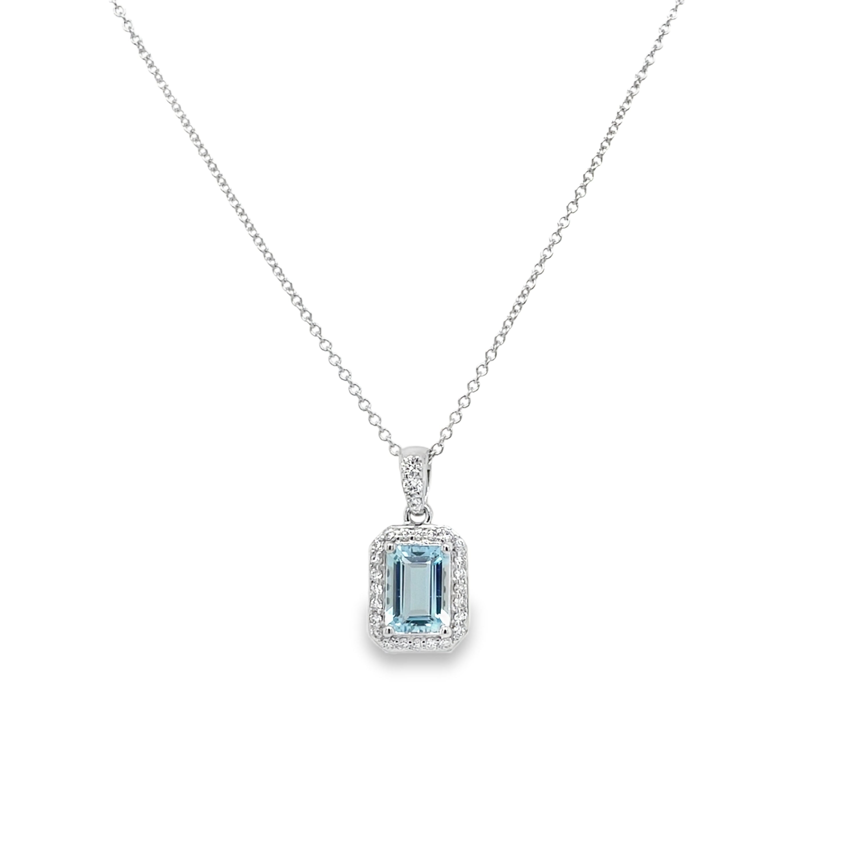 Petite Emerald Cut Aquamarine & Diamond Halo Pendant