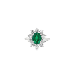 Oval Emerald & Diamond Halo Ring in White Gold