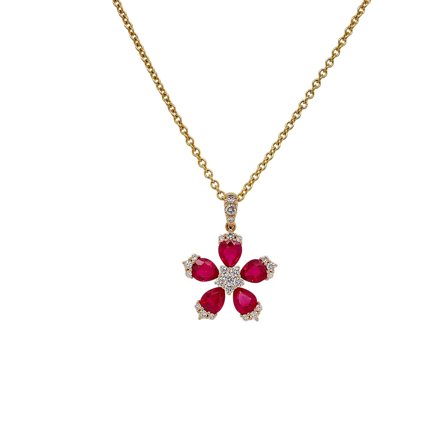 Ruby & Diamond Flower Pendant in Yellow Gold