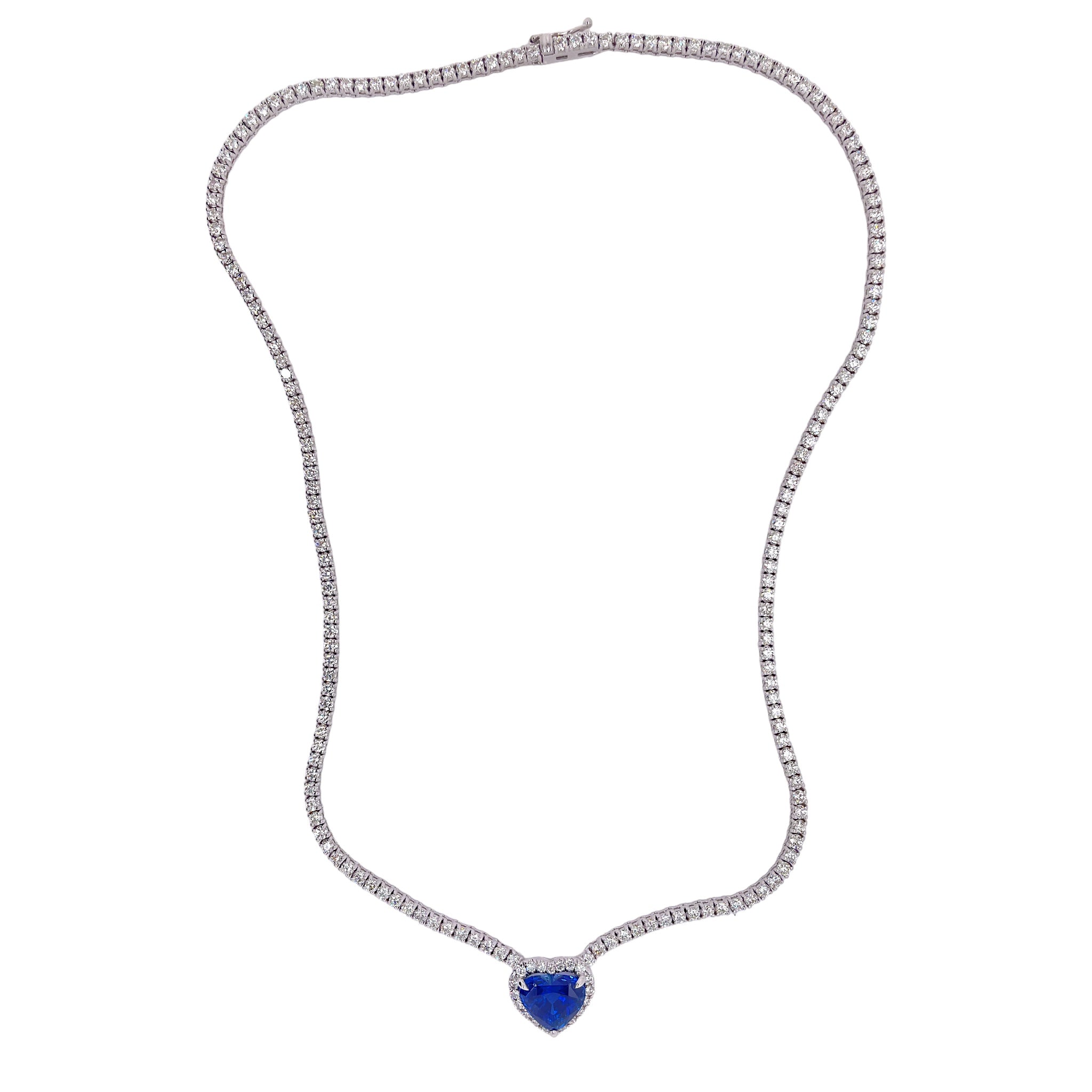 Heart Sapphire & Diamond Necklace in White Gold