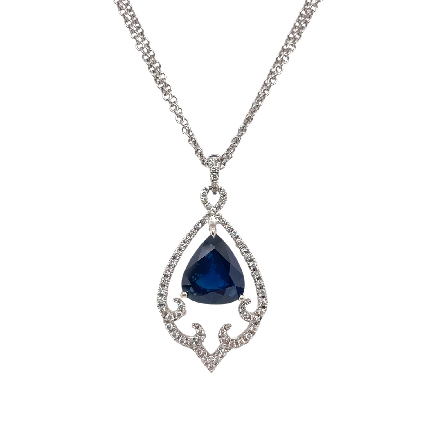 Antique Motif Pear Shape Sapphire & Diamond Pendant