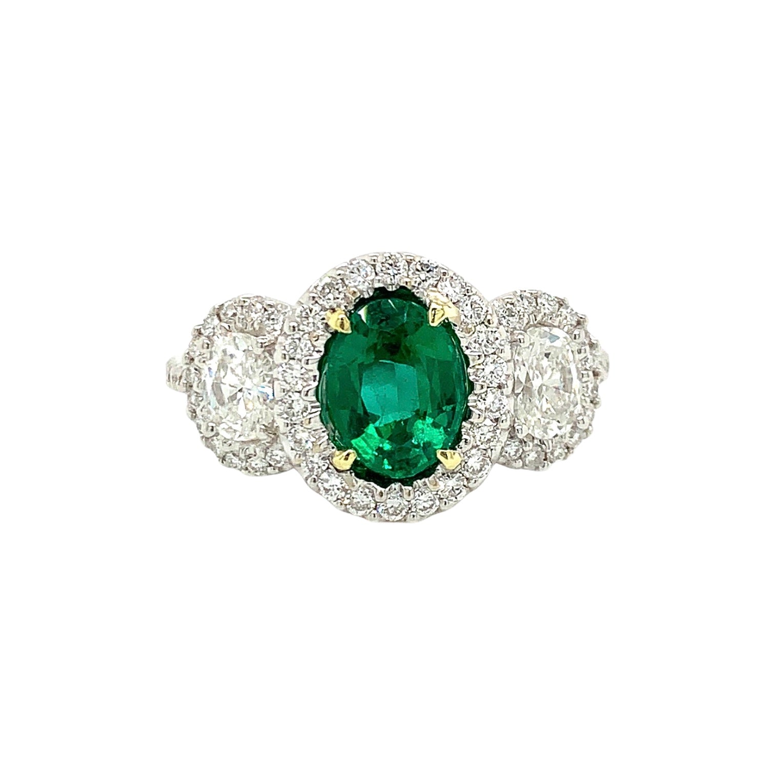 Three Stone Emerald & Diamond Halo Ring