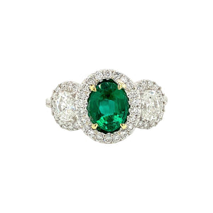Three Stone Emerald & Diamond Halo Ring