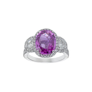 Pink Sapphire & Diamond Three Stone Halo Ring