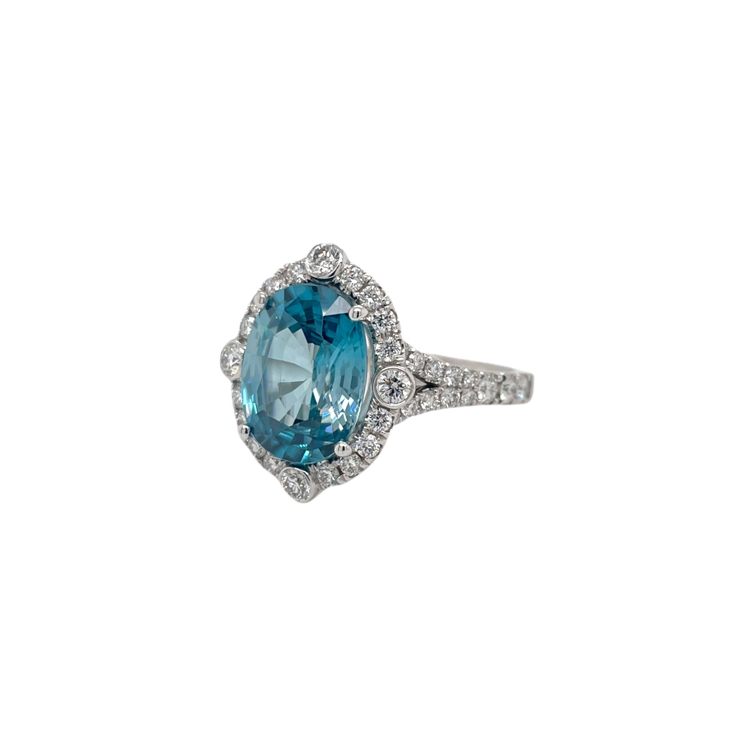 Oval Blue Zircon & Diamond Halo Ring