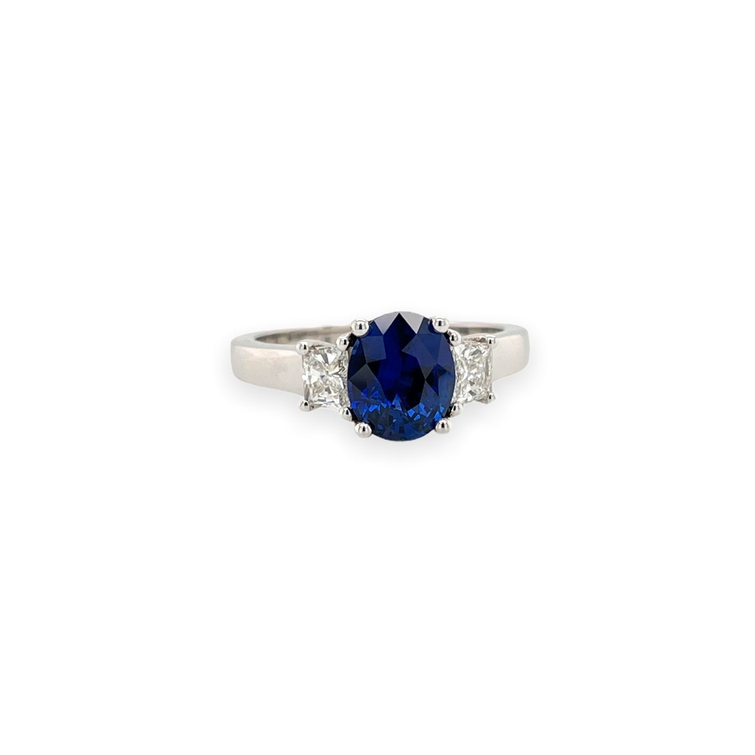 Oval Sapphire & Trapezoid Diamond Three Stone Ring