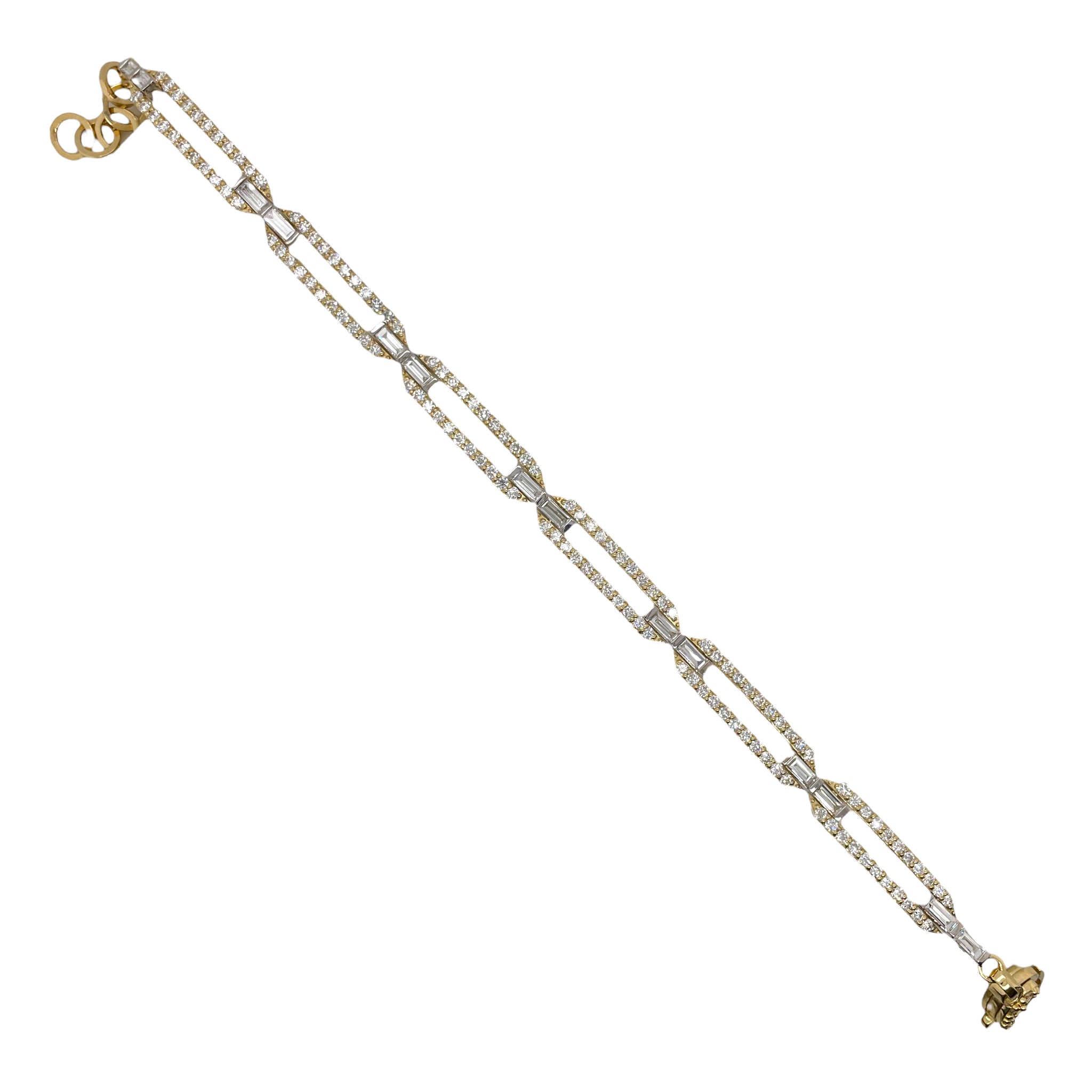 Round & Baguette Diamond Link Bracelet in 18K Yellow Gold