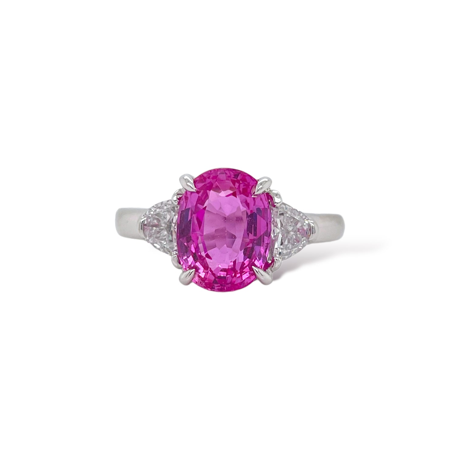 Oval Pink Sapphire & Half Moon Diamond Three Stone Ring
